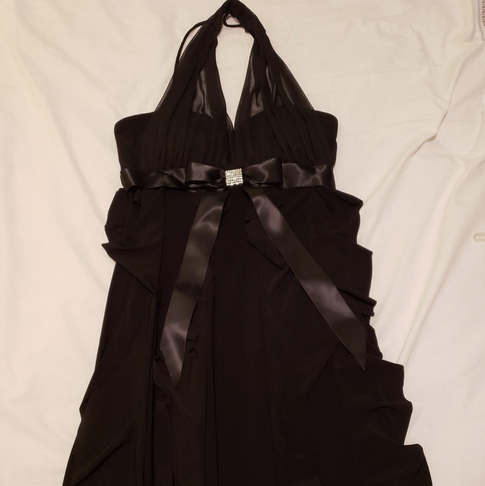 Long ruffle black evening gown with sheer overlay